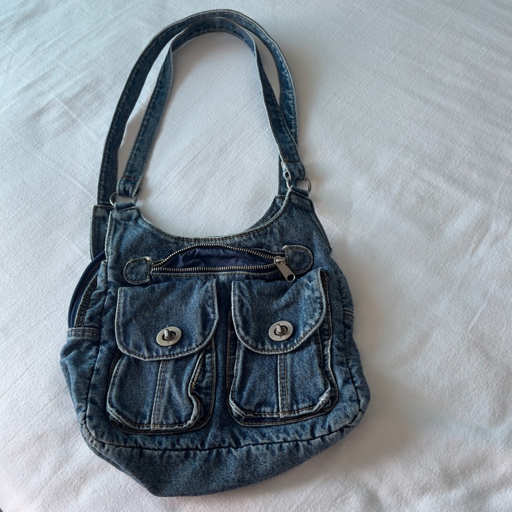 Vintage Y2K Blue Denim Multi Pocket Hobo Shoulder Bag Distressed 90s Grunge